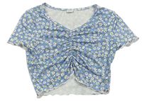 Světlemodré květované žebrované crop tričko Shein