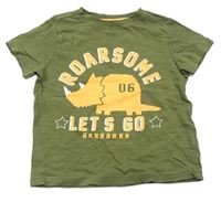Khaki tričko s dinosaurem a nápisem F&F