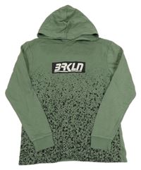 Zeleno-černá mikina s fleky a nápisem a kapucí H&M