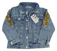 Nové - Světlemodrá riflová bunda s perlami a flitry a motýlkem 