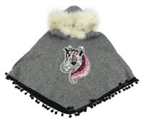 Šedé svetrové pončo s jednorožcem z flitrů a kapucí s kožešinou 