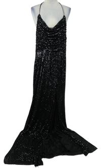 Dámské černé flitrové dlouhé plesové šaty s rozparkem Oh Hello