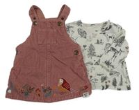 2set- Růžové manšestrové šaty s ptáčem+ bílé triko s obrázky Mantaray