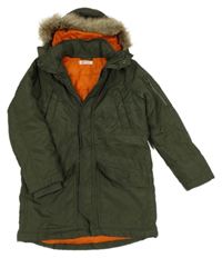 Khaki šusťákový zimní kabát s kapucí H&M