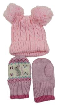 2set - Světlerůžová pletená čepice + rukavice s myškou