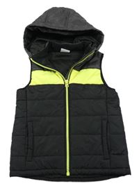 Černo-šedo-limetková šusťáková zateplená vesta s kapucí Yigga