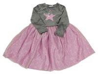 Šedo-růžové sametovo/tylové šaty s hvězdou z flitrů Topolino