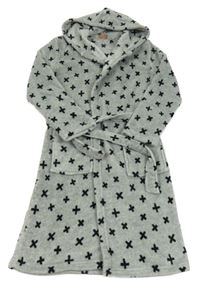 Šedo-černý vzorovaný chlupatý župan s kapucí a páskem Hema 