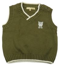 Khaki úpletová vesta s proužky a sovou 