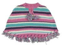 Barevné pruhované pletené pončo s třásněmi a bambulkami