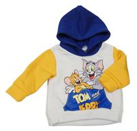 Bílo-tmavomodro-žlutá mikina s Tomem&Jerry a kapucí 