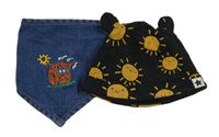2Set - Černá žebrovaná čepice se sluníčky a oušky F&F + modrý riflový šátek/slinták s bizonem BABY BUGZ