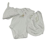 3Set - Bílé body s ovečkou + bílý bryndák s hvězdičkami + čepice F&F