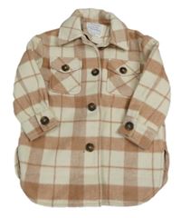 Smetanovo-starorůžový kostkovaný vlněný košilový kabát PRIMARK