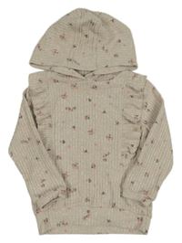 Béžová melírovaná žebrovaná úpletová mikina s kytičkami a volánky a kapucí C&A