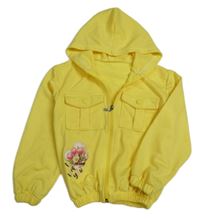 Žlutá propínací mikina se srdíčkem s tulipánky a autíčkem a medvídkem a kapucí