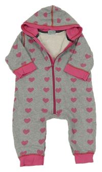 Šedo-tmavorůžová melírovaná tepláková kombinéza se srdíčky a kapucí Lilly + Sid