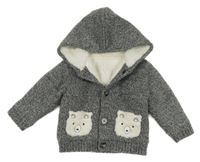Tmavošedo-bílý melírovaný pletený propínací zateplený svetr s medvídky/kapsami a kapucí Nutmeg