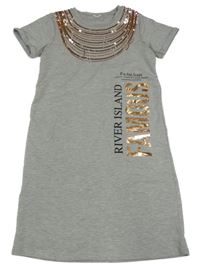 Šedé melírované teplákové šaty s nápisy a flitry a řetízky RIVER ISLAND