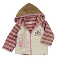 Smetanovo-růžovo-hnědá sametová propínací podšitá mikina se sovičkou a pruhy a kapucí INSCENE