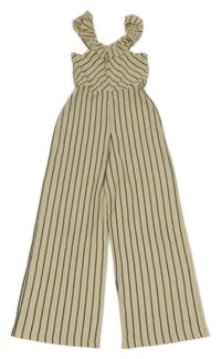 Světlebéžovo-černý pruhovaný žebrovaný kalhotový overal s volánky C&A