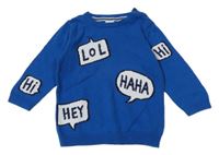 Cobaltově modrý svetr s nápisy H&M