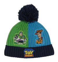 Modro-zeleno-tmavomodrá žebrovaná čepice s Toy Story a bambulí George