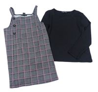 2set- Černo-bílo-růžové kostkované šaty + Černé žebrované triko Primark