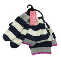 Nové - 3set - Tmavomodro-bílá pruhovaná žebrovaná pletená čepice + palcové rukavice + šála M&S