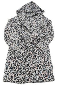 Bílo-růžovo-černý chlupatý župan s leopardím vzorem a kapucí zn. V by Very