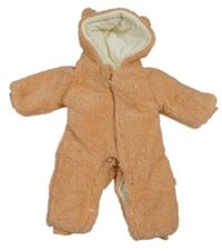 Broskvová huňatá zateplená kombinéza s kapucí s oušky