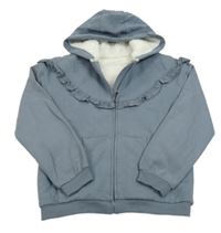 Modrošedá třpytivá zateplená propínací mikina s volánky s madeirou a kapucí Nutmeg