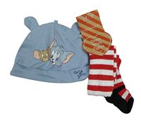 2set - Modrá bavlněná čepice s Tomem a Jerrym + červeno-bílé pruhované punčocháče