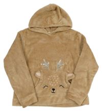 Hnědá chlupatá mikina s kapsou se sobem s flitry a kapucí H&M