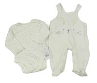 2set - Bílé sametové dupačky s králíkem + bílé puntíkaté body George
