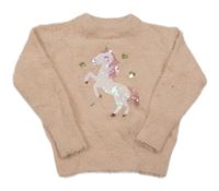 Starorůžový chlupatý svetr s jednorožcem z flitrů C&A