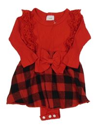 Červeno-kostkované šaty s všitým body a krajkou