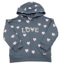 Šedá mikina se srdíčky a nápisem a kapucí Primark