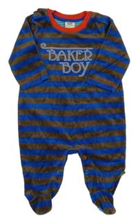 Hnědo-modrý pruhovaný sametový overal s nápisem baker