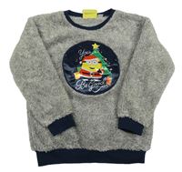 Šedá chlupatá mikina s tmavomodrým lemem a Mimoni 