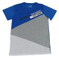 Modro-šedo-bílé tričko s nápisem 