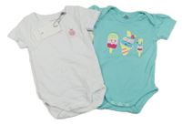 2set - 2X body - Tyrkysové s nanuky + bílé zavinovací s beruškou 