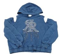 Tmavomodrá crop mikina s logem a holými rameny a kapucí River Island