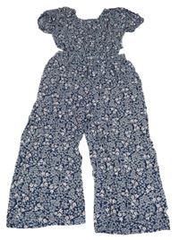 Tmavomodro-růžovo-bílý květovaný kalhotový overal s průstřihy Next