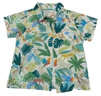 Bílo-zeleno-modrá košile s listy a zvířátky 