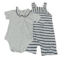 Nové - 2set - Bílo-modré body s límečkem + bílo-tmavomodré pruhované teplákové laclové kraťasy Nutmeg