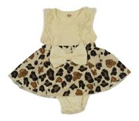 Béžovo-hnědo-černé žebrované šaty s leopardím vzorem a všitým body 