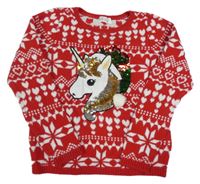 Červeno-bílý vzorovaný svetr s jednorožcem z flitrů H&M