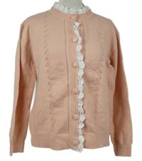 Dámský světlerůžový propínací svetr s krajkou 