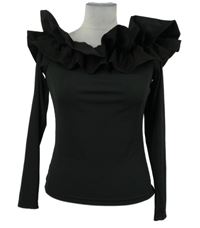 Dámské černé žebrované triko s volánky 